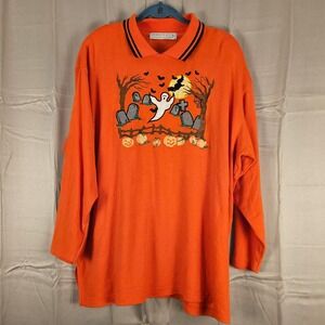 Vintage Karen Scott II Orange Embroidered Halloween Sweater 2X Graveyard Ghost